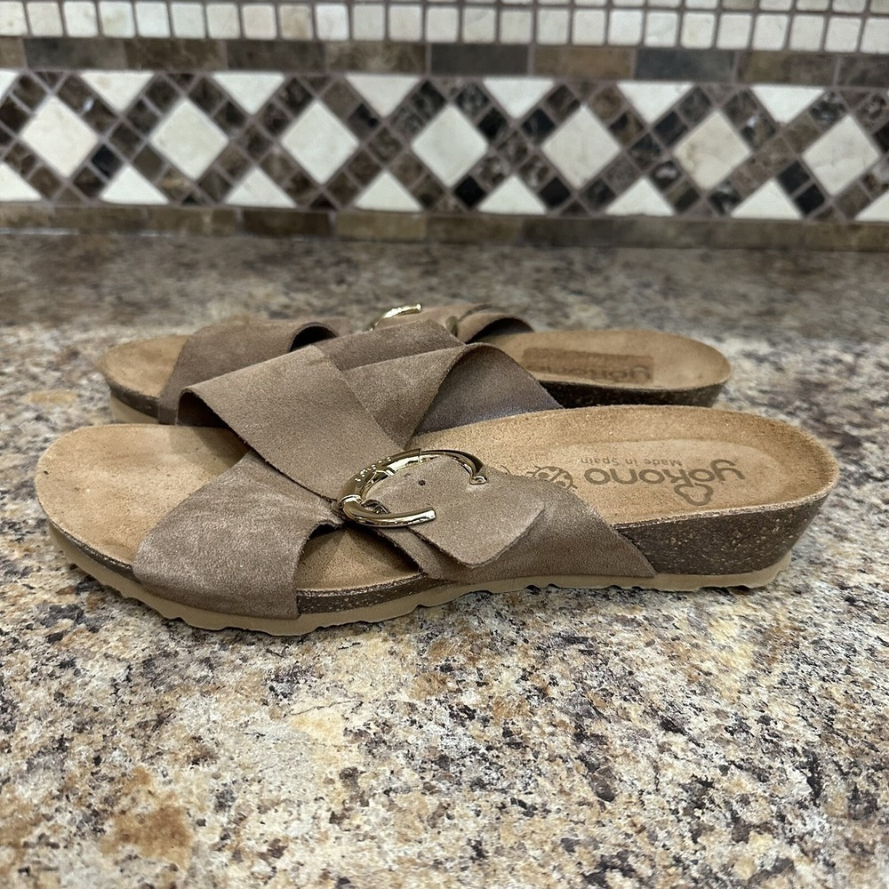 Yokono Womens Brown Leather Cork Wedge Slip On Comfort Sandals Size 9 Shoes